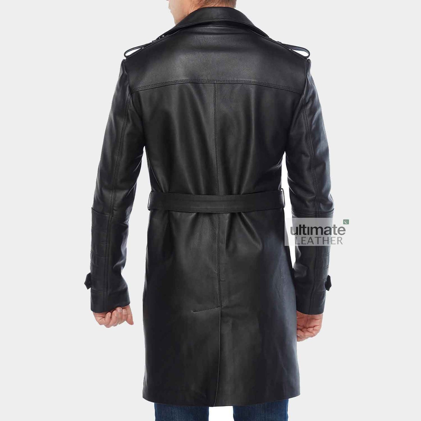 Mens Black Leather Long Trench Coat
