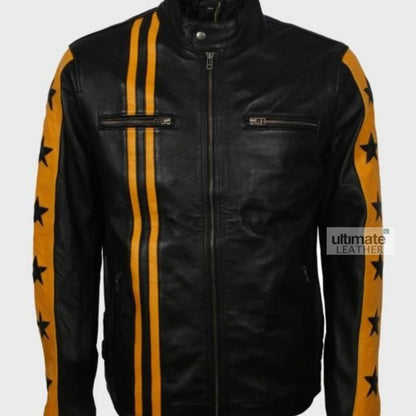 Men's Black & Yellow Cafe Racer Leather Jacket