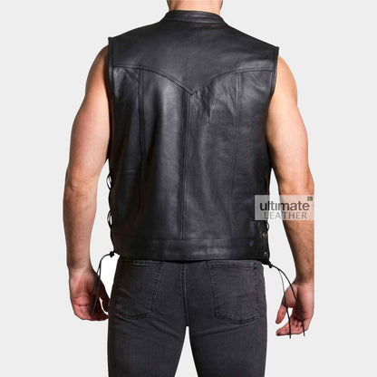 Black Motorcycle Leather Vest For Men