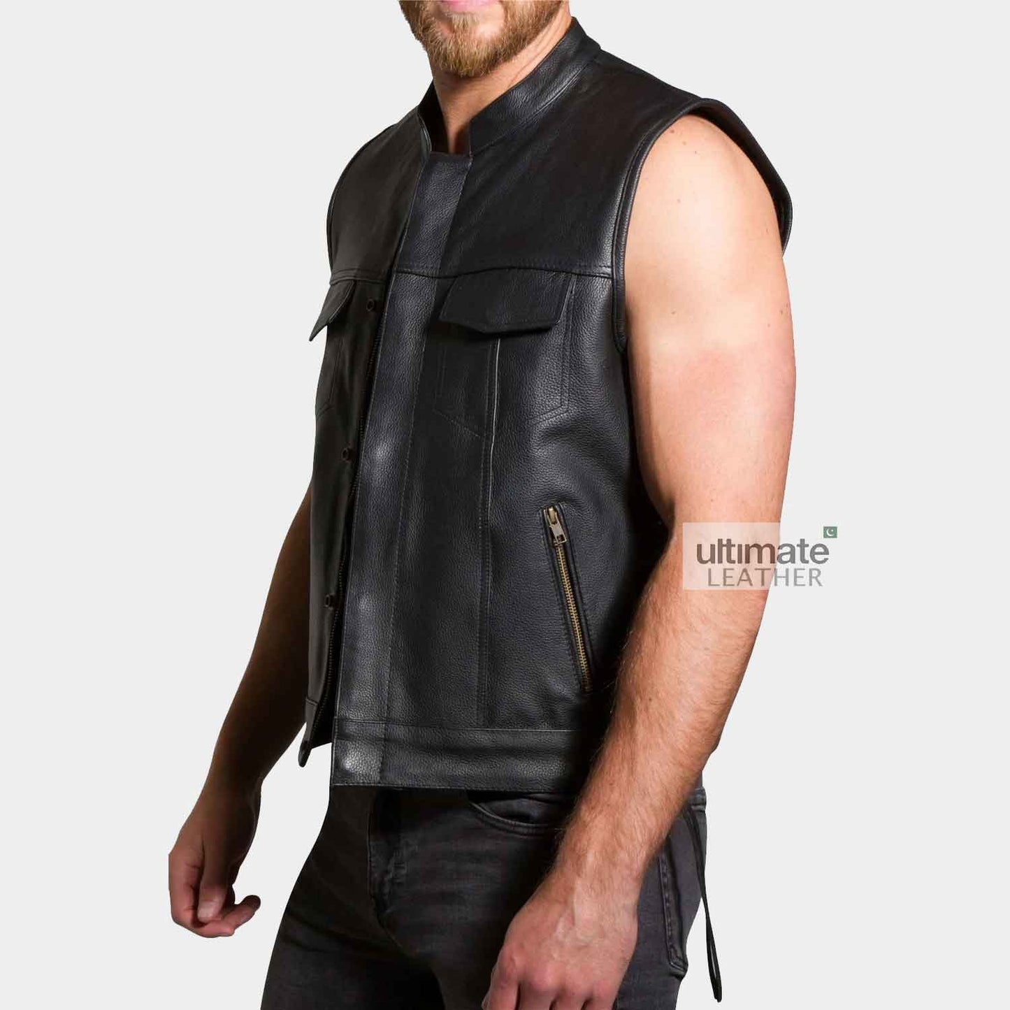 Black Motorcycle Leather Vest For Men