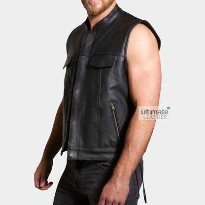 Black Motorcycle Leather Vest For Men
