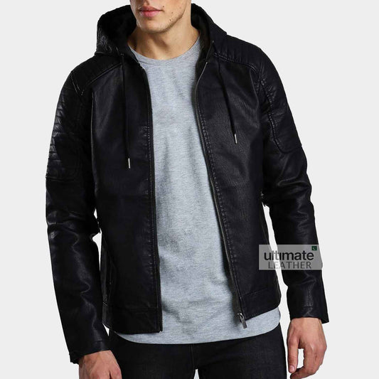 Men's Black Artificial Leather Hooded Jacket