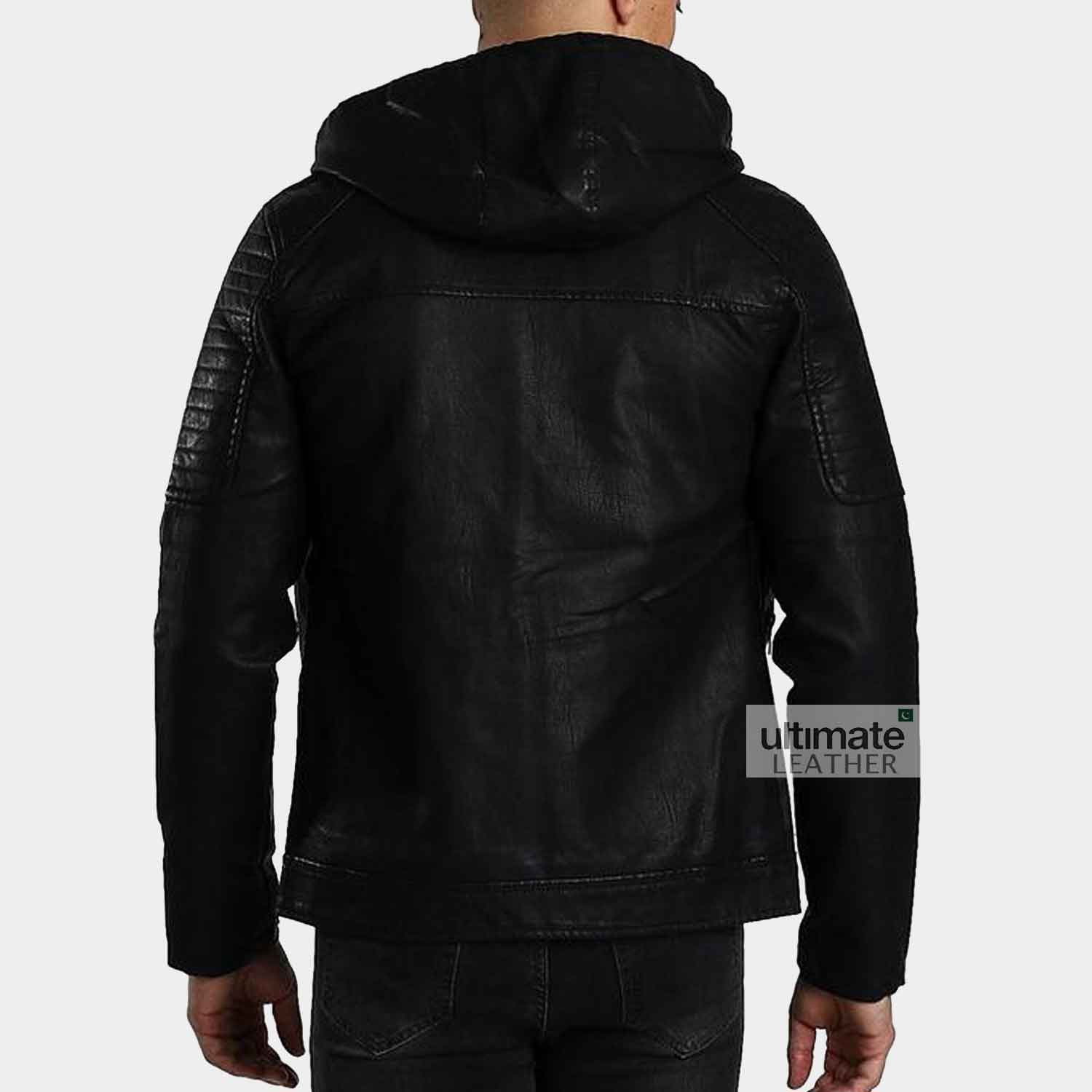Men's Black Artificial Leather Hooded Jacket