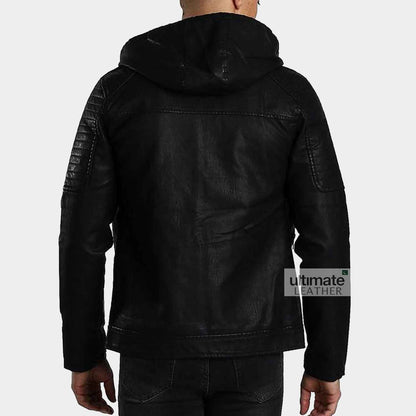 Men's Black Artificial Leather Hooded Jacket