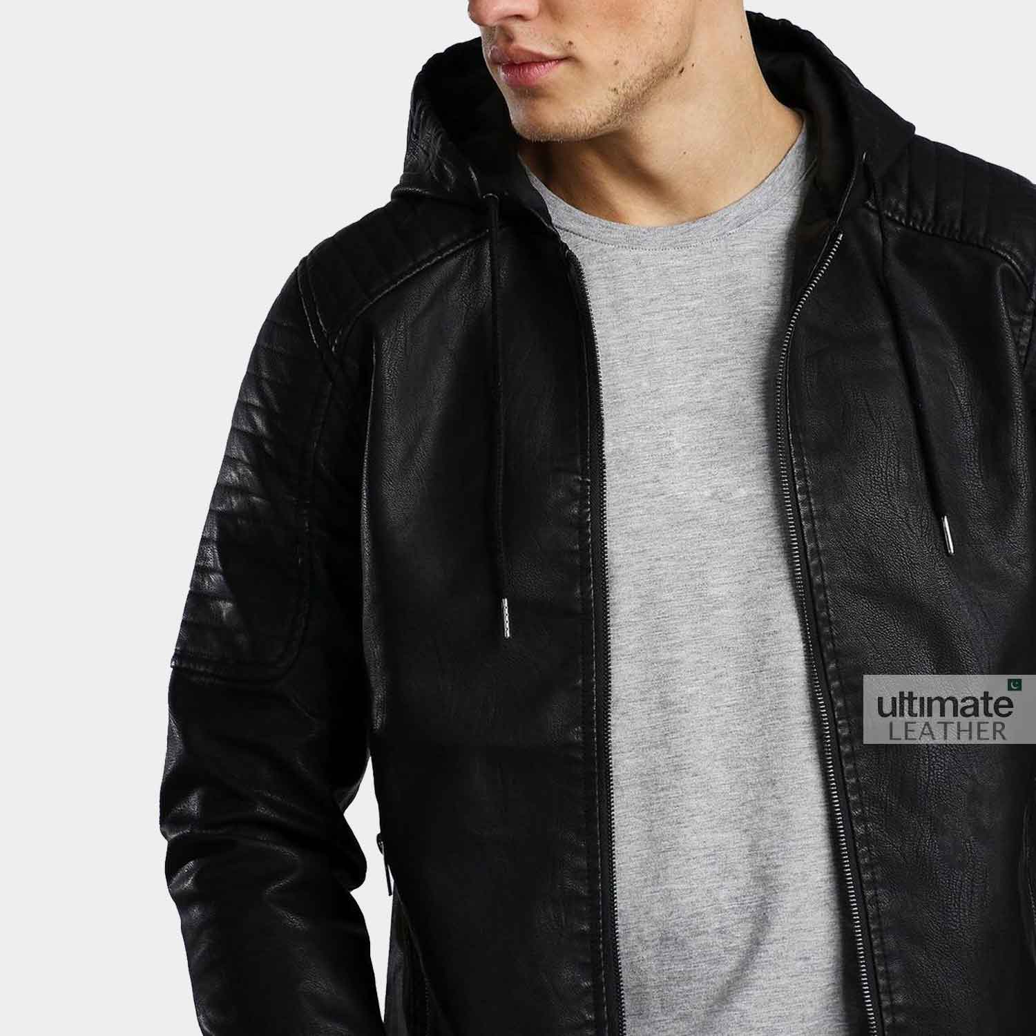 Men's Black Artificial Leather Hooded Jacket