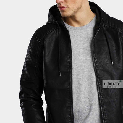 Men's Black Artificial Leather Hooded Jacket