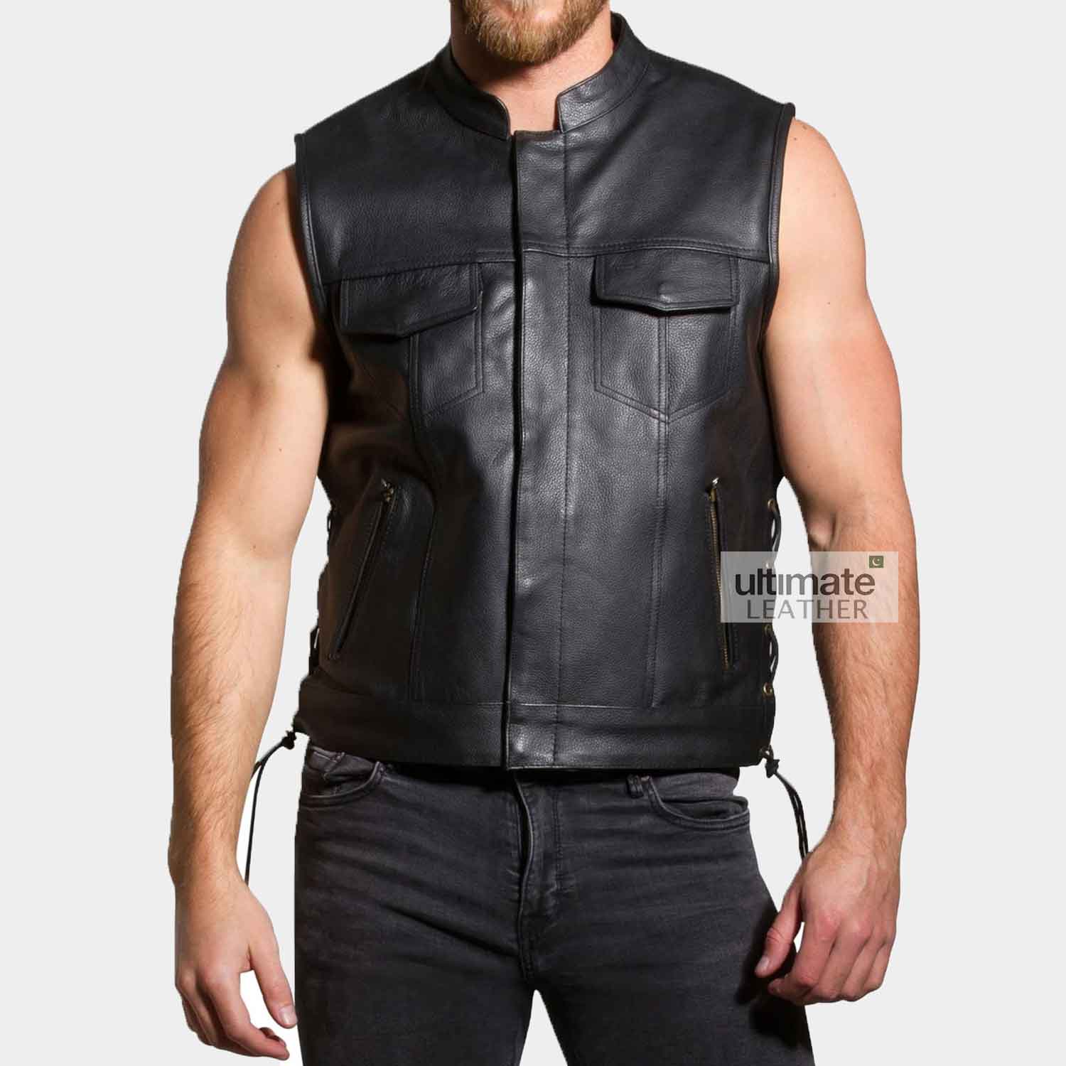 Black Motorcycle Leather Vest For Men