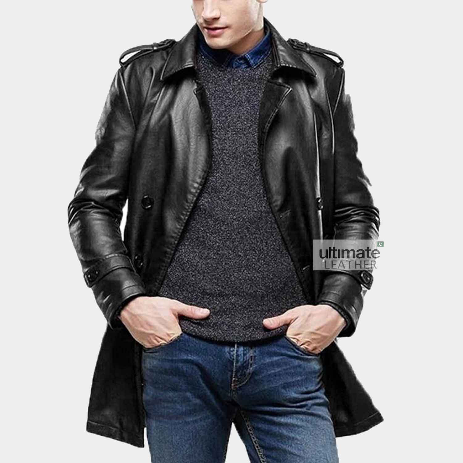 Black Leather Trench Coat For Men