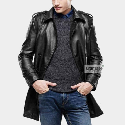 Black Leather Trench Coat For Men