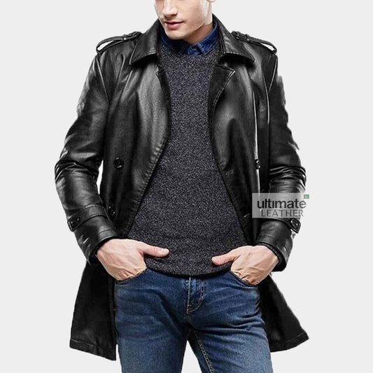 Black Leather Trench Coat For Men