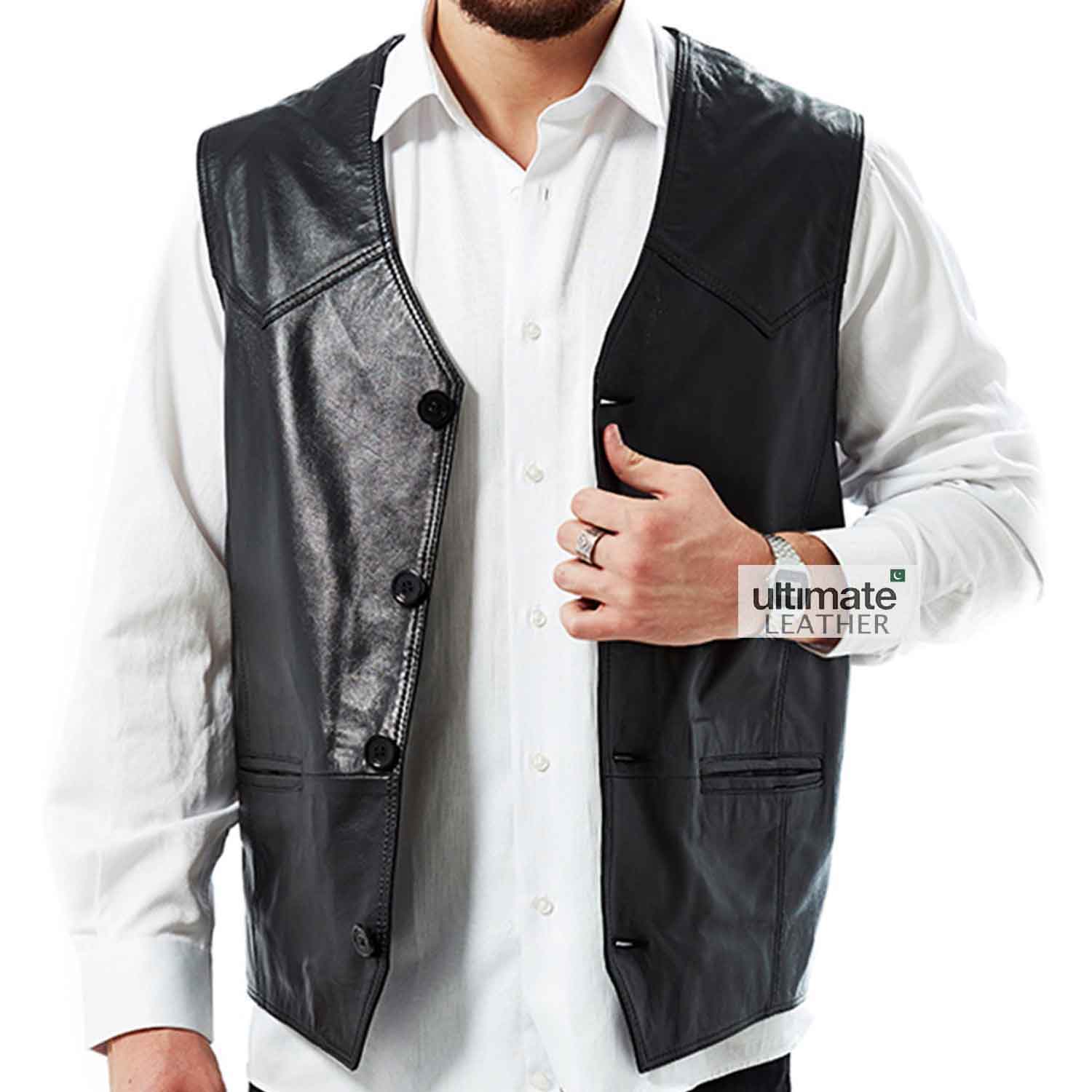 Black Classic Collarless Leather Vest For Men