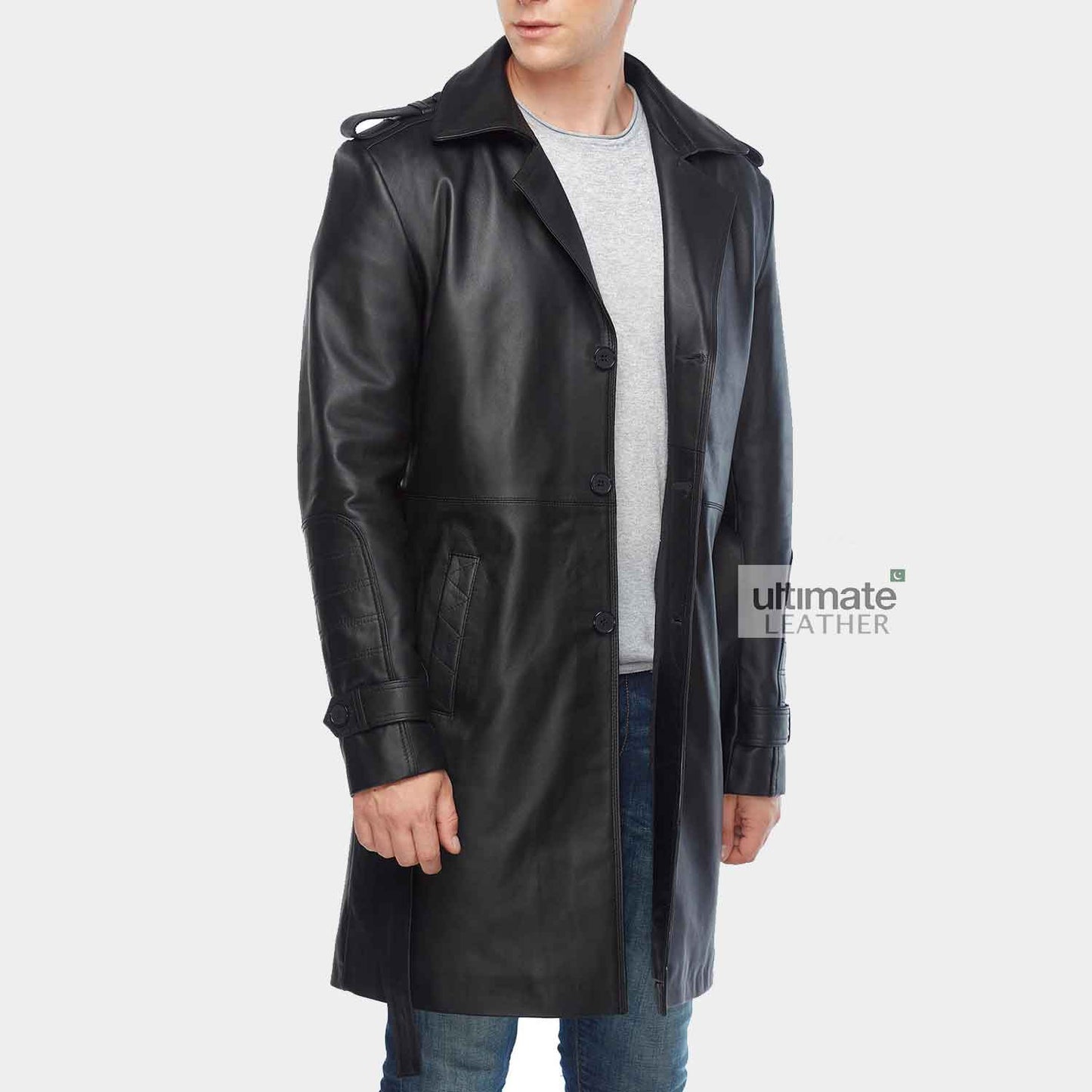 Mens Black Leather Long Trench Coat