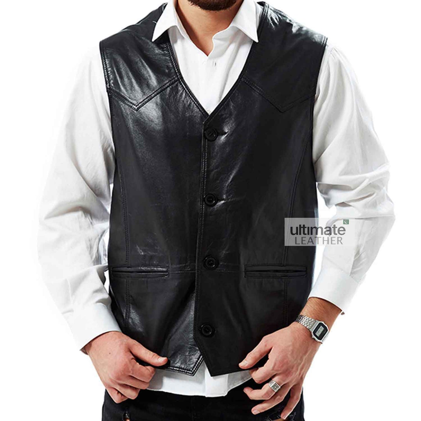 Black Classic Collarless Leather Vest For Men