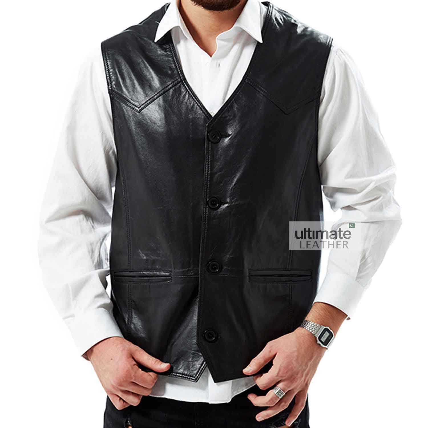 Black Classic Collarless Leather Vest For Men