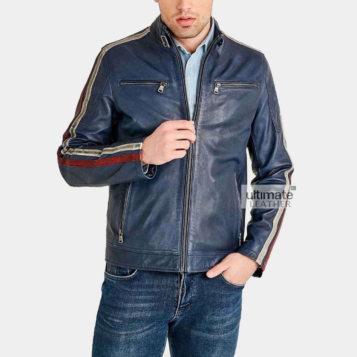 Mens Blue Cafe Racer Leather Jacket