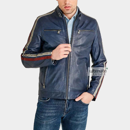 Mens Blue Cafe Racer Leather Jacket
