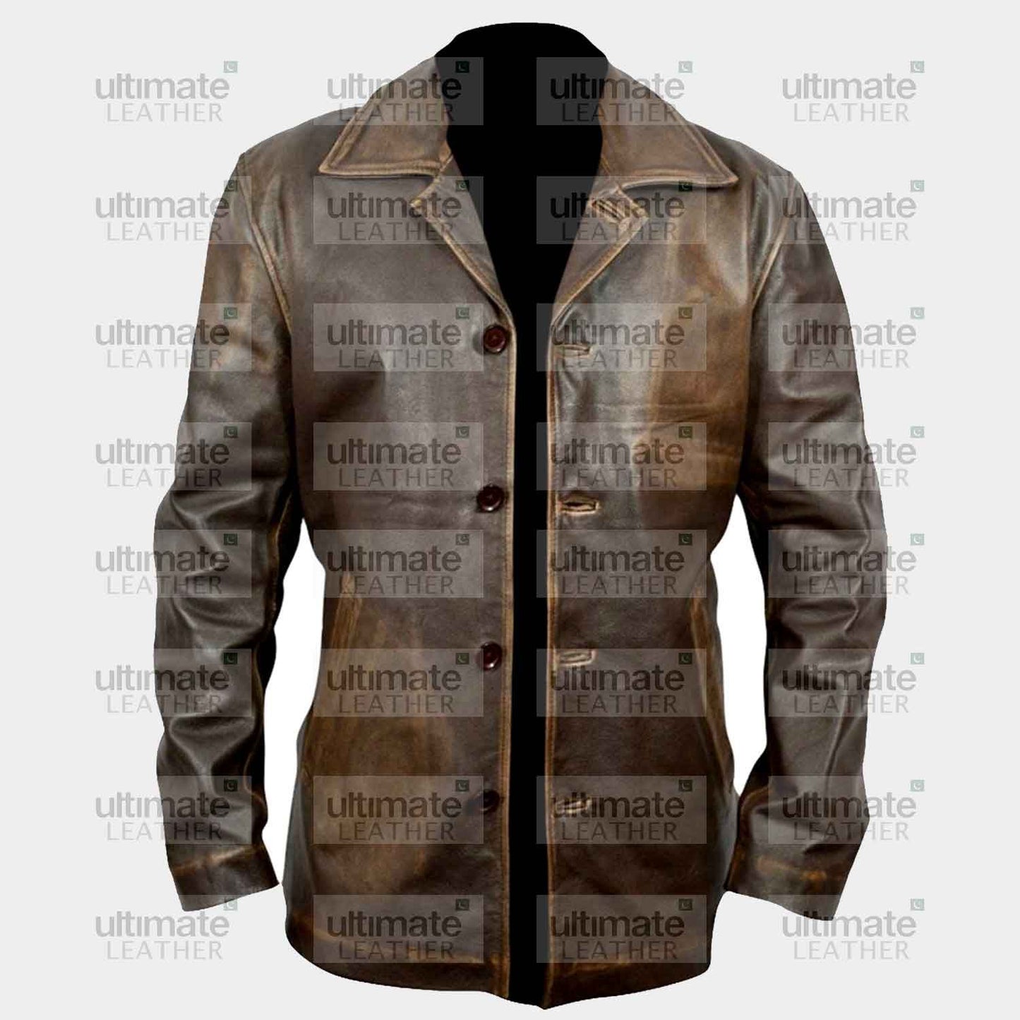 Men's Distressed Leather Brown Pea Coat