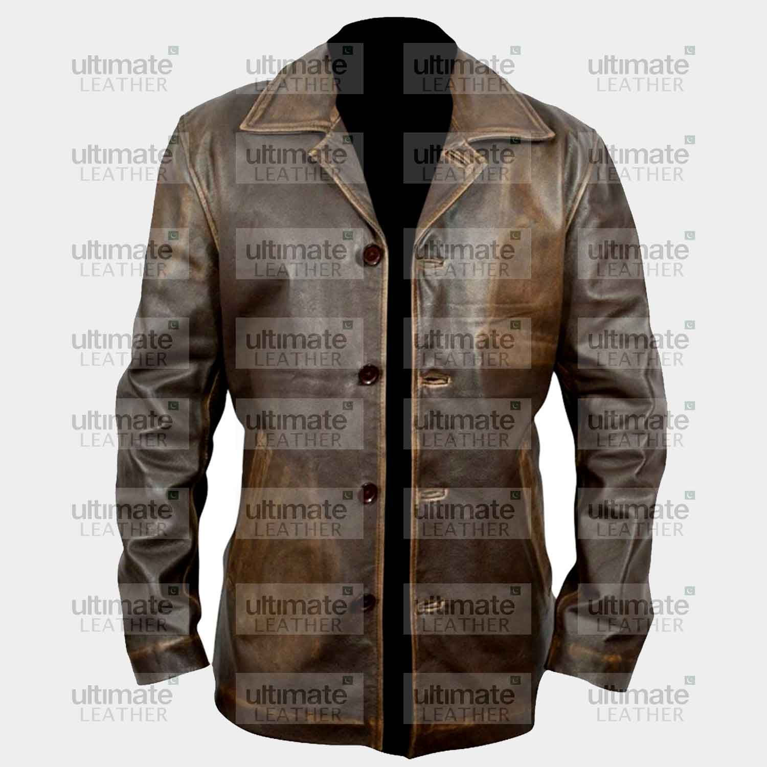 Men's Distressed Leather Brown Pea Coat