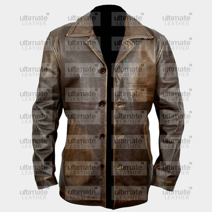 Men's Distressed Leather Brown Pea Coat