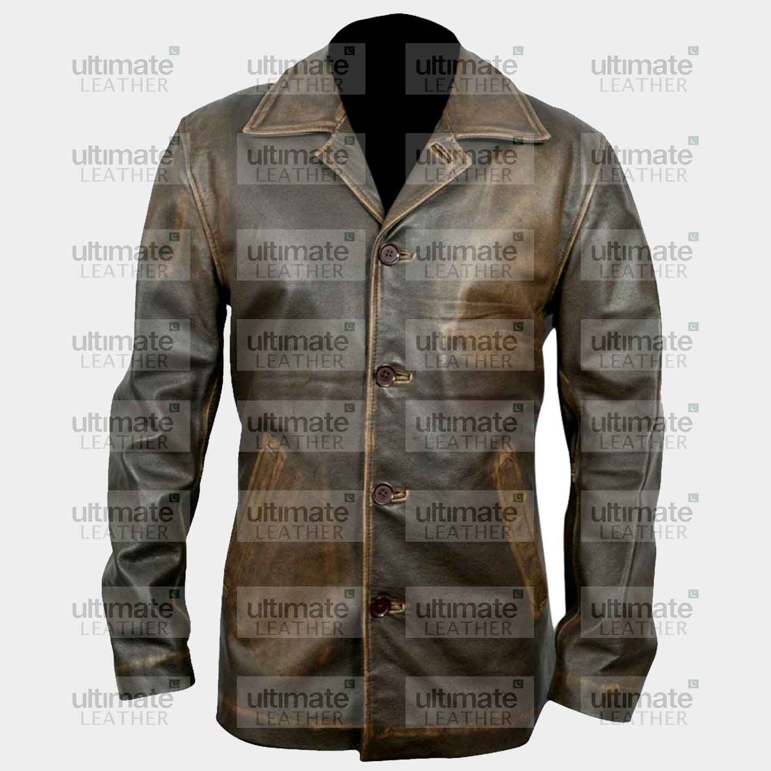 Men's Distressed Leather Brown Pea Coat