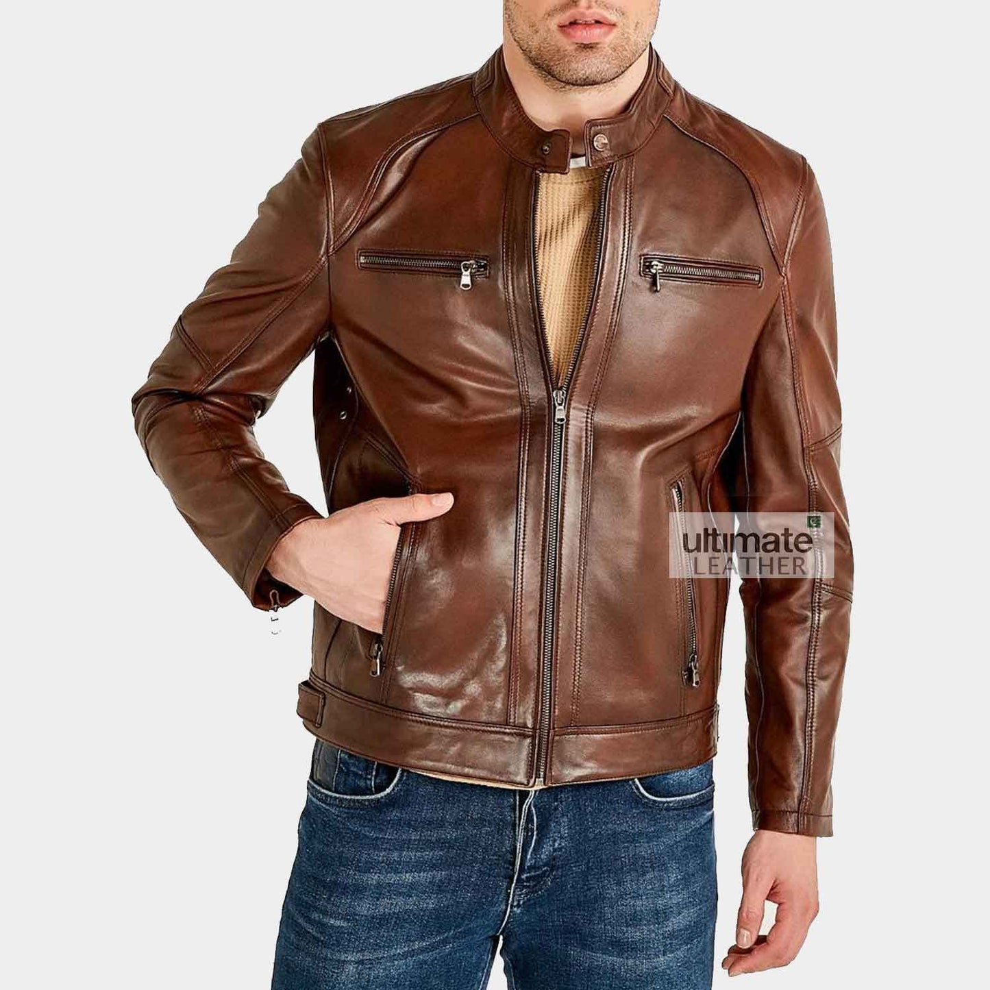 Mens Motorcycle Brown Leather Jacket