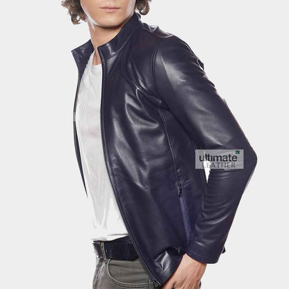 Mens Navy Blue Real Leather Jacket