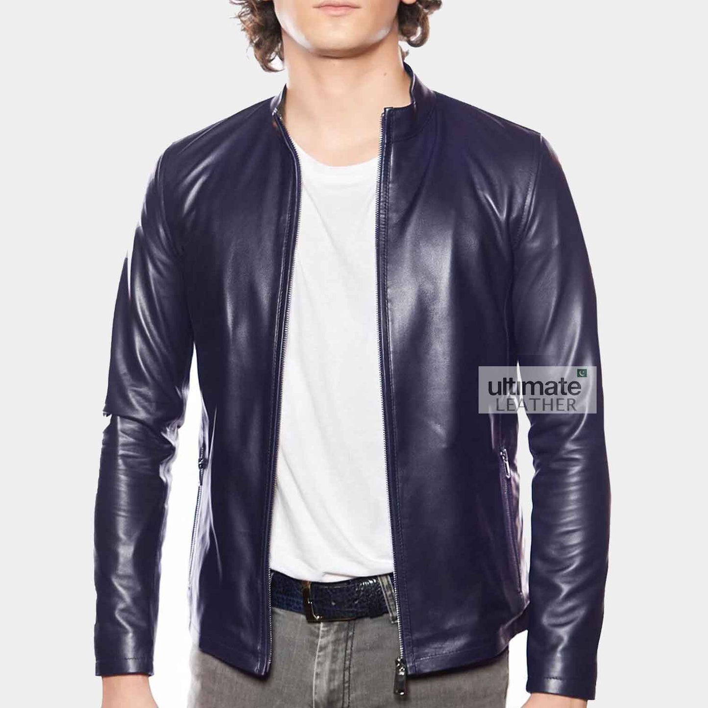Mens Navy Blue Real Leather Jacket