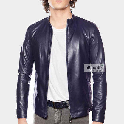 Mens Navy Blue Real Leather Jacket