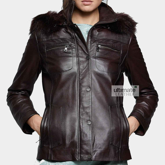 Women's Hooded Brown Leather Jacket
