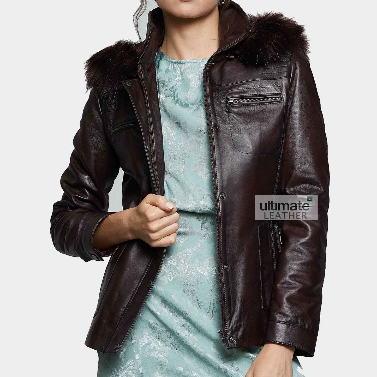 Women's Hooded Brown Leather Jacket