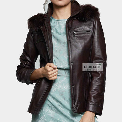 Women's Hooded Brown Leather Jacket