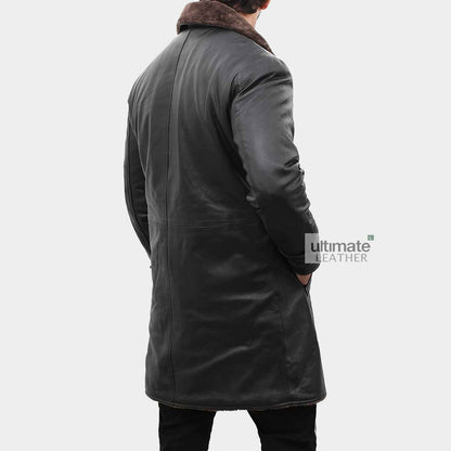 Men's Black Fur Leather Trench Coat