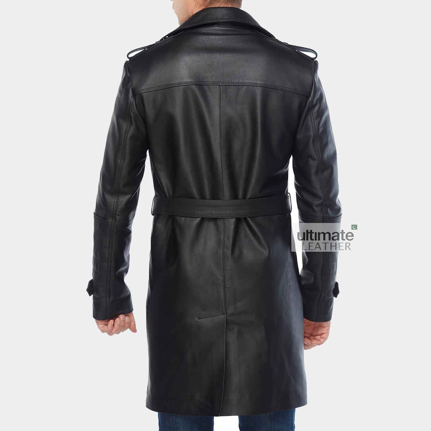 Mens Black Leather Long Trench Coat