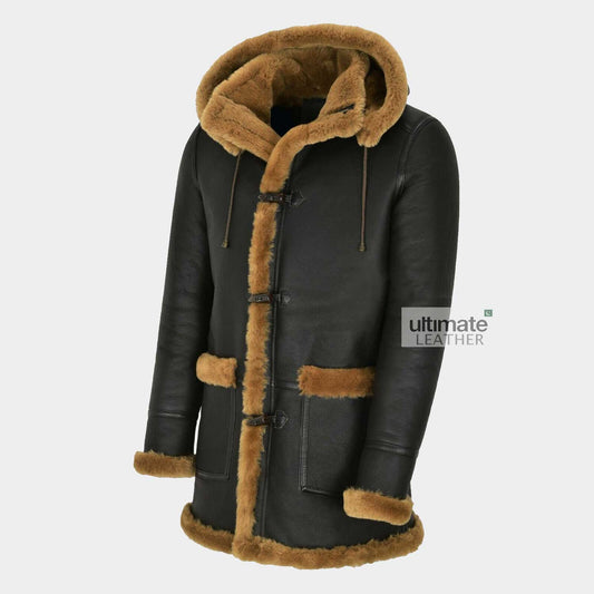 Mens Duffle Black Hooded Pea Coat
