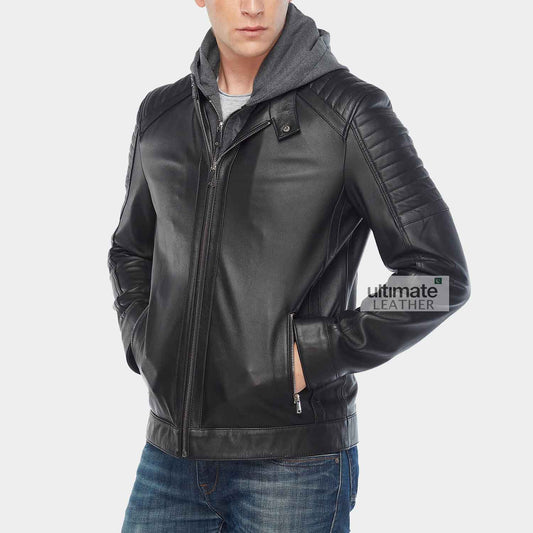 Mens Black Hooded Leather Jacket