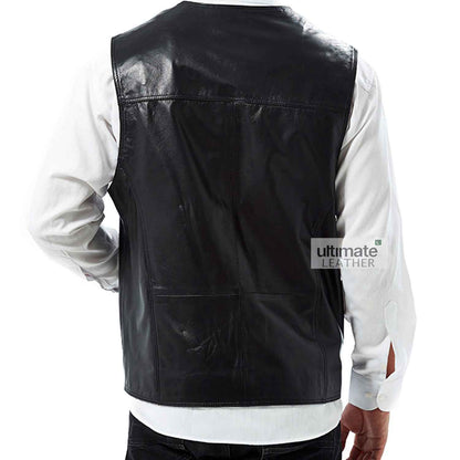 Black Classic Collarless Leather Vest For Men