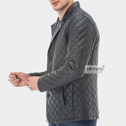 Black Quilted Leather Jacket For Men