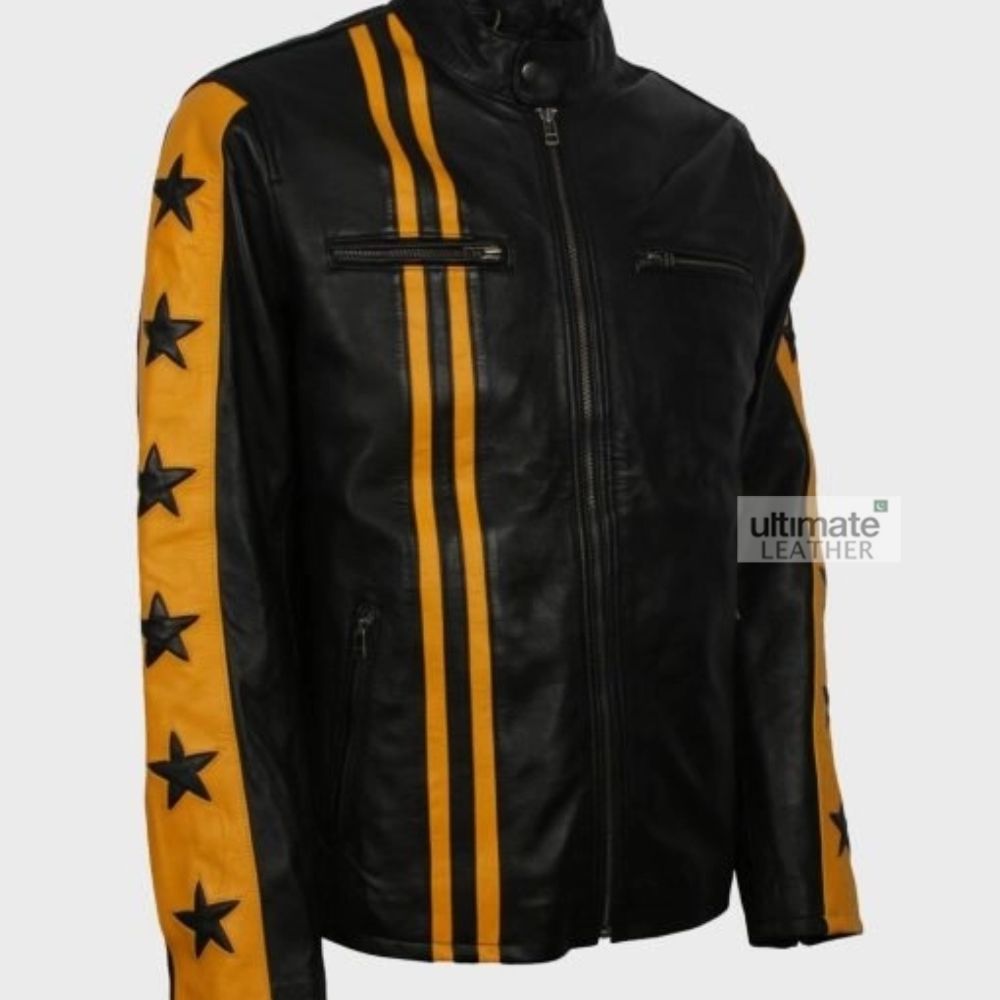 Men's Black & Yellow Cafe Racer Leather Jacket