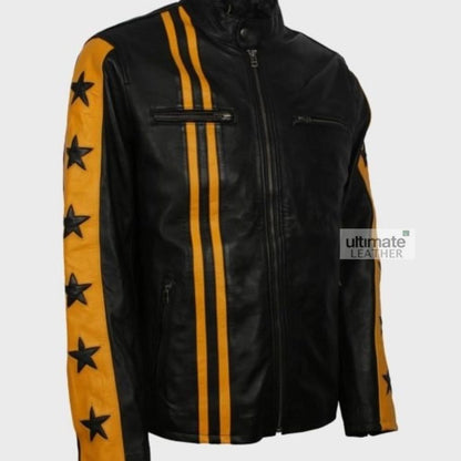 Men's Black & Yellow Cafe Racer Leather Jacket