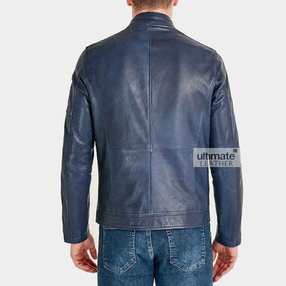 Mens Blue Cafe Racer Leather Jacket
