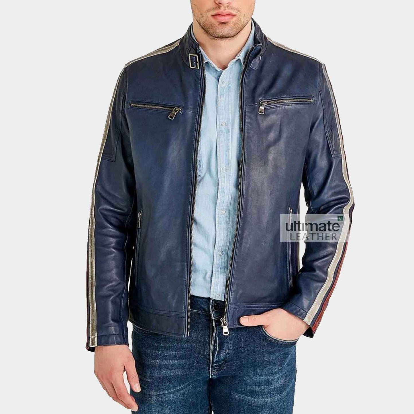 Mens Blue Cafe Racer Leather Jacket