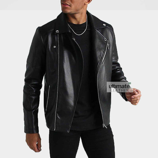 Mens Motorcycle Style Black Leather Jacket