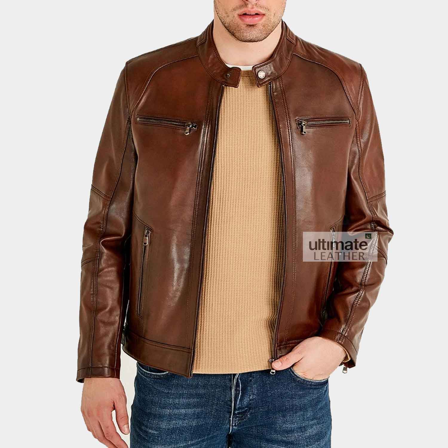 Mens Motorcycle Brown Leather Jacket