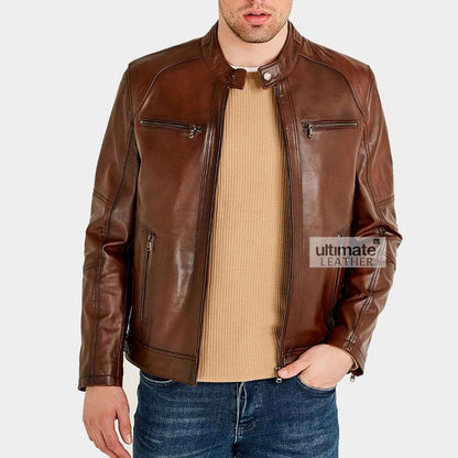 Mens Motorcycle Brown Leather Jacket
