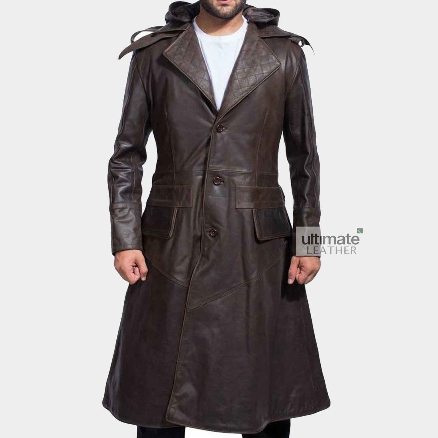 Mens Brown Quilted Style Trench Leather Coat