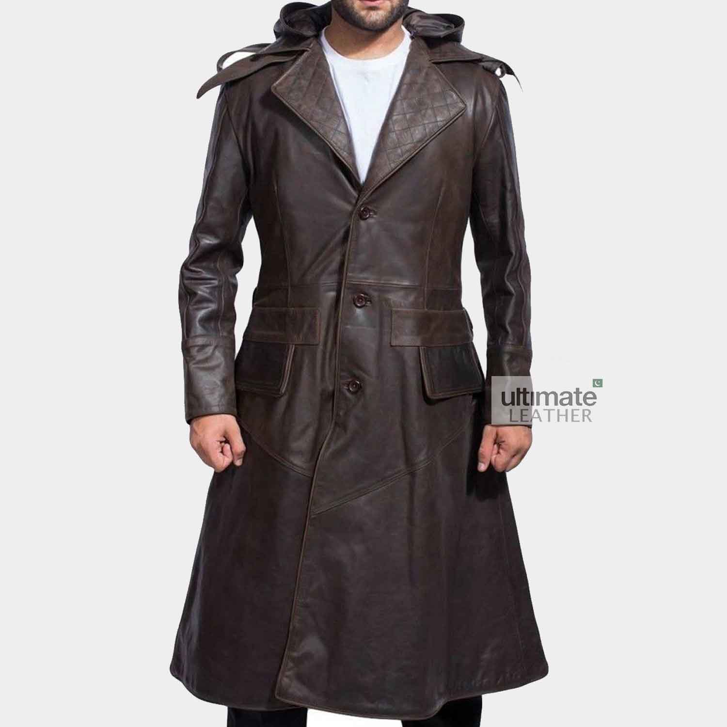 Mens Brown Quilted Style Trench Leather Coat