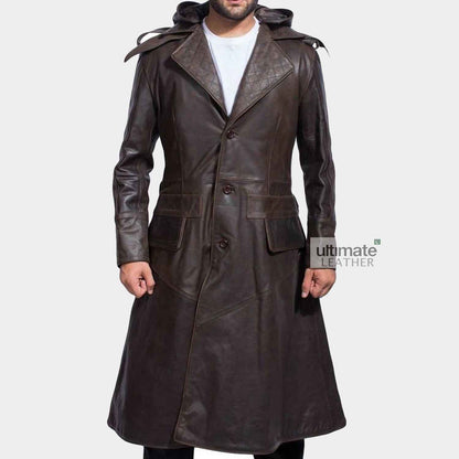 Mens Brown Quilted Style Trench Leather Coat