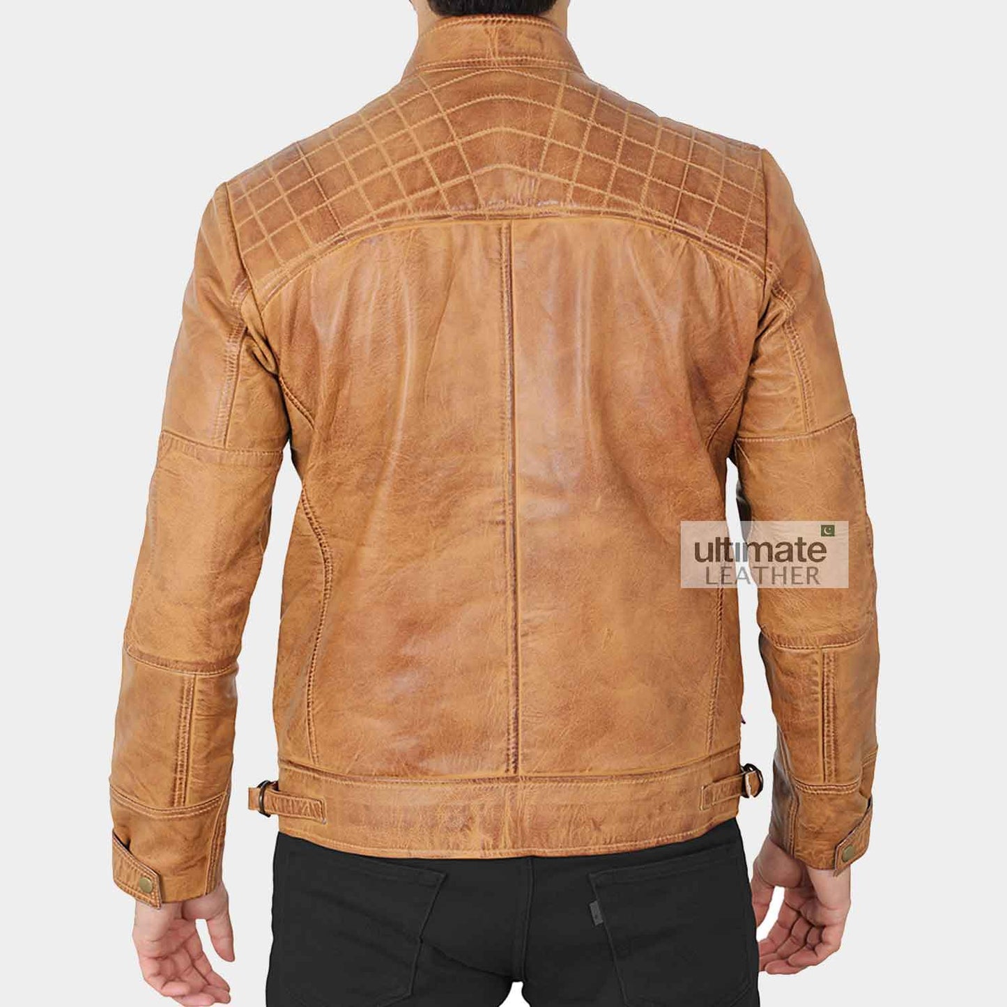 Mens Quilted Camel Brown Biker Leather Jacket