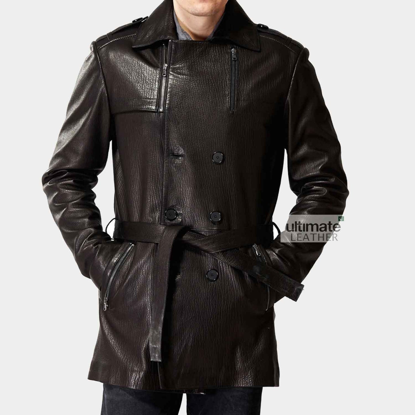 Genuine Leather Brown Trench Coat For Men