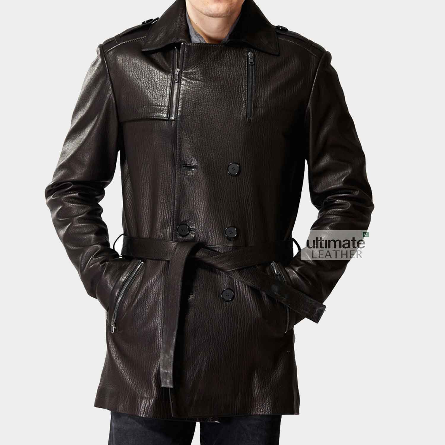 Genuine Leather Brown Trench Coat For Men